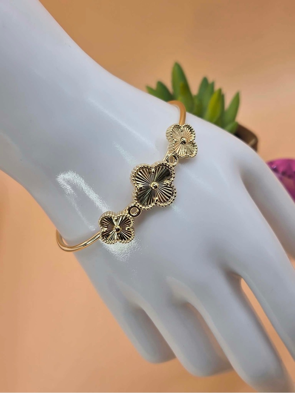Gold Plated Floral Link Bangle Bracelet - Women Jewelry